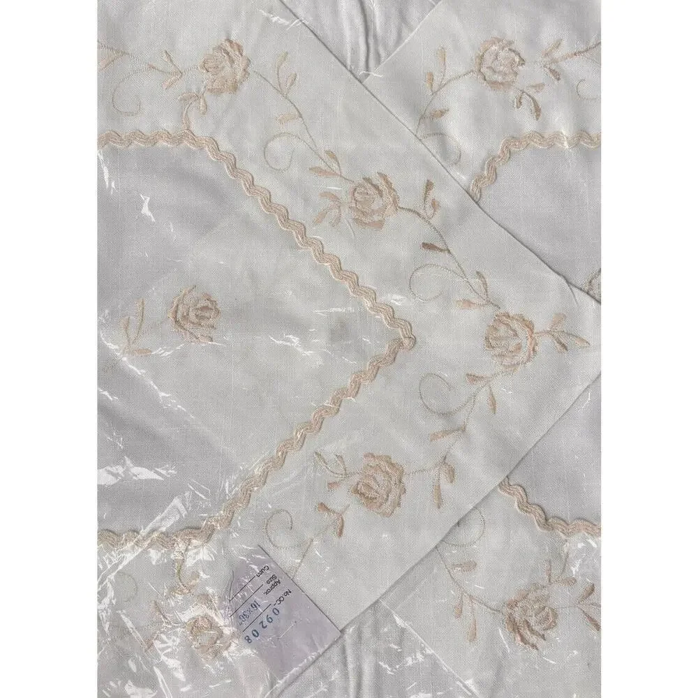 Vintage New White Hand Embroidery  Linen Table Runner Dresser Scarf 16x36 Floral